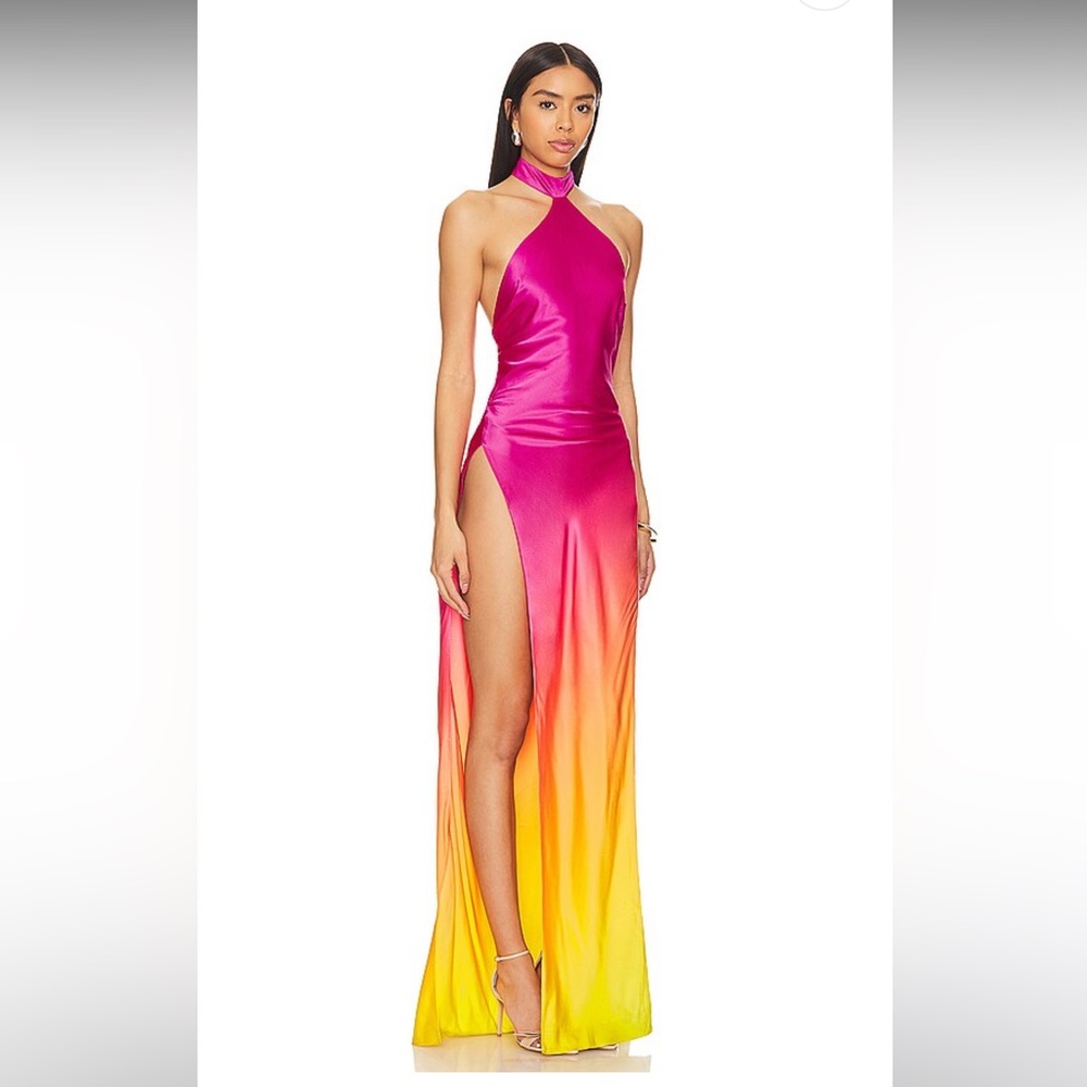 Retrofete Vibrant Pink and Yellow Backless Jagger Silk Dress